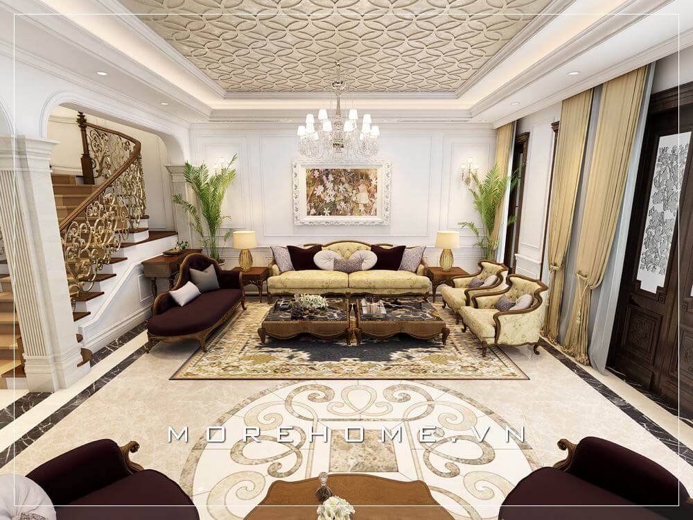 Thiết kế phòng khách biệt thự với nội thất gỗ tự nhiên phong cách tân cổ điển cao cấp tạo cảm giác sang trọng, tinh tế và đẳng cấp cho ngôi nhà